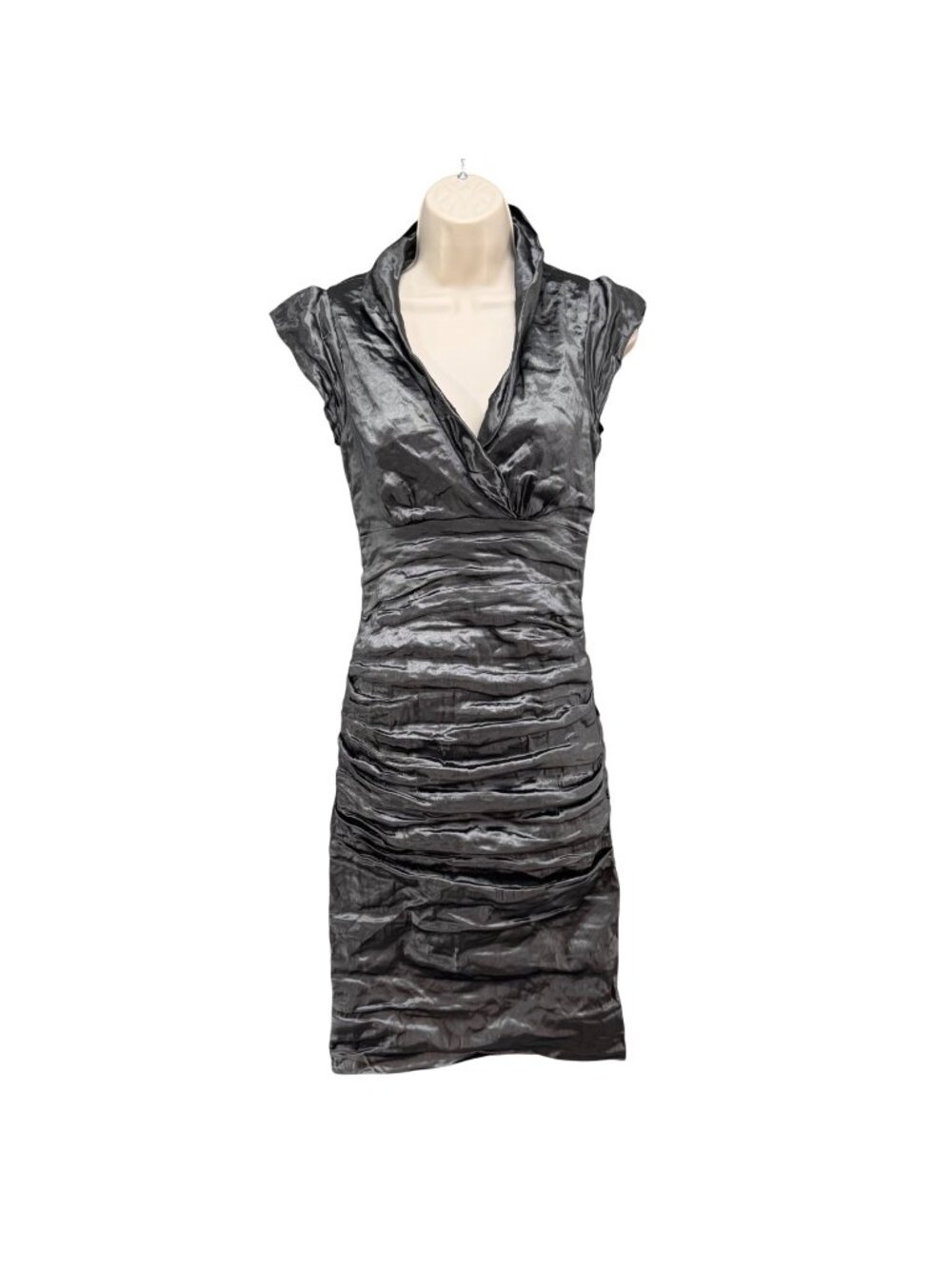 Nicole Miller Techno Metallic Dress Gunmetal Silver Ruched Cocktail Sheath Sz 8